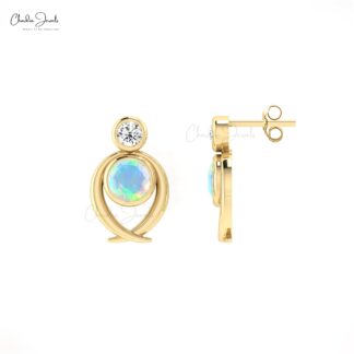 Diamond Accented Bezel Set Earrings with 5mm Fire Opal Two Stone Studs In 14k Solid Gold
