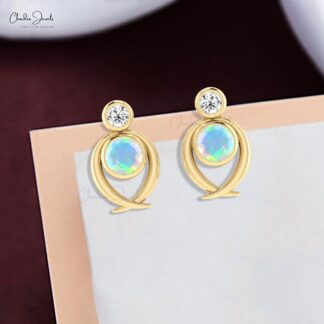 Diamond Accented Bezel Set Earrings with 5mm Fire Opal Two Stone Studs In 14k Solid Gold