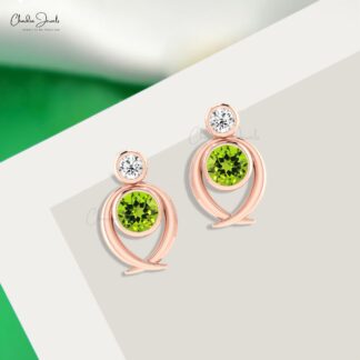 Round Green Peridot & Diamond Bezel Set In 14k Solid Gold Push Back Earrings