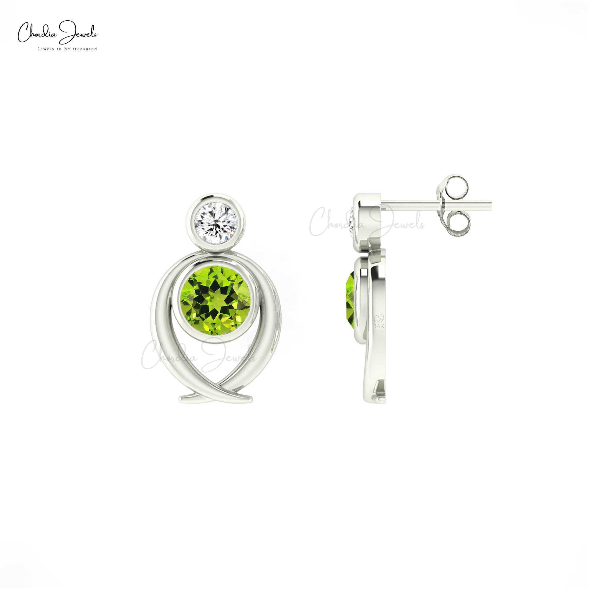 Round Green Peridot & Diamond Bezel Set In 14k Solid Gold Push Back Earrings