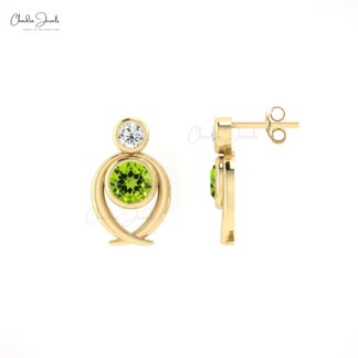 Round Green Peridot & Diamond Bezel Set In 14k Solid Gold Push Back Earrings