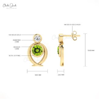 Round Green Peridot & Diamond Bezel Set In 14k Solid Gold Push Back Earrings