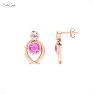 Two Stone Push Back Earrings With 5mm Pink Sapphire And Diamond Studs In 14k Real Gold
