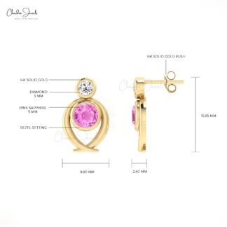 Two Stone Push Back Earrings With 5mm Pink Sapphire And Diamond Studs In 14k Real Gold