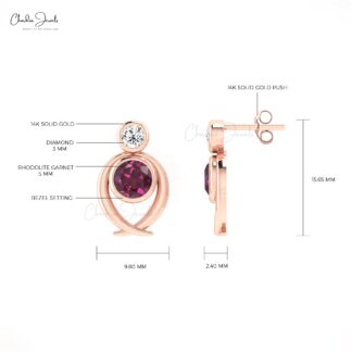 Solid 14k Gold 2 Stone Stud In 5mm Rhodolite Garnet And Diamond Women Earrings