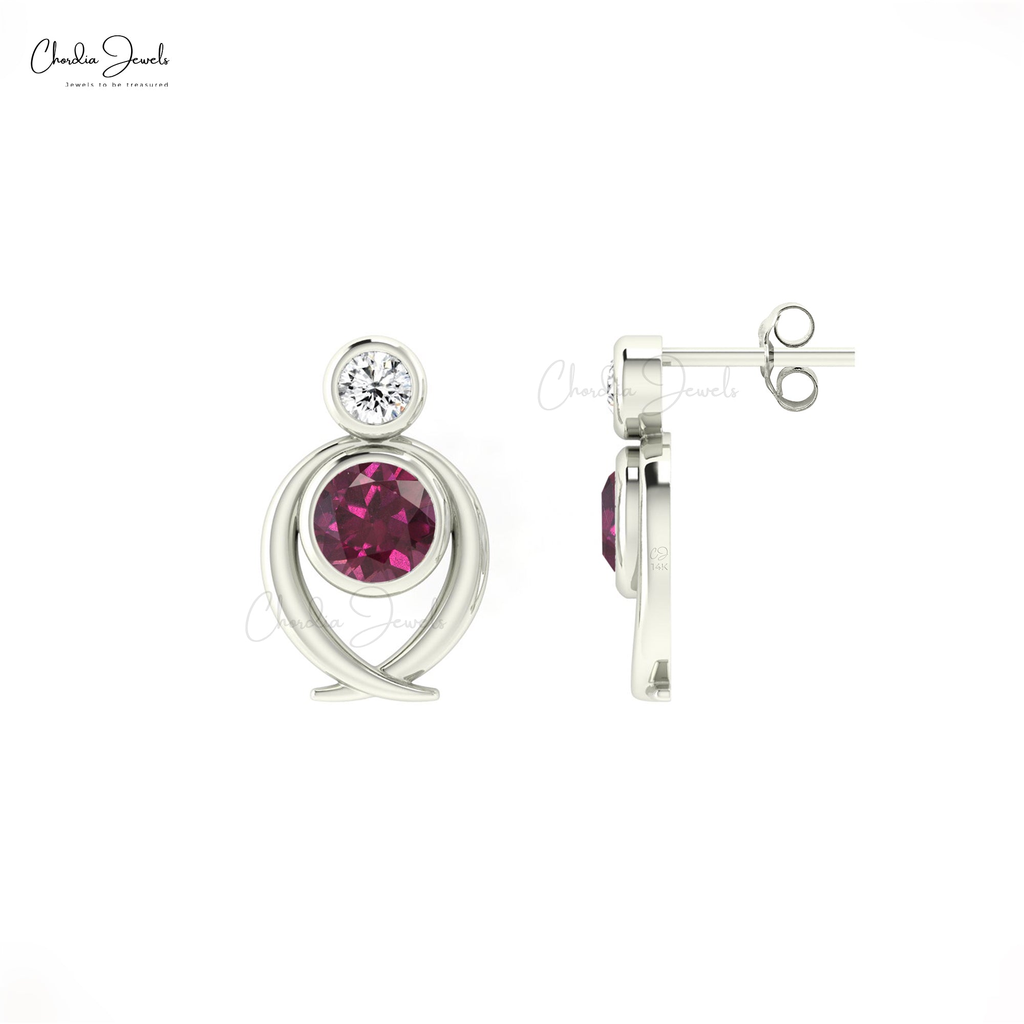 Solid 14k Gold 2 Stone Stud In 5mm Rhodolite Garnet And Diamond Women Earrings