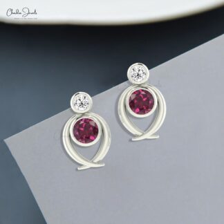Solid 14k Gold 2 Stone Stud In 5mm Rhodolite Garnet And Diamond Women Earrings