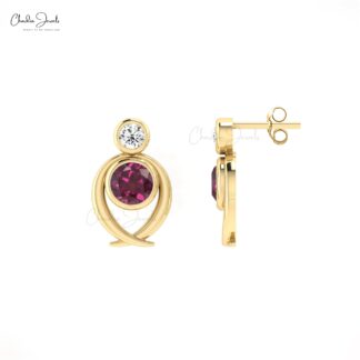 Solid 14k Gold 2 Stone Stud In 5mm Rhodolite Garnet And Diamond Women Earrings
