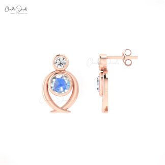 Brilliant Cut 2 Stone Earrings In 14k Real Gold Moonstone And Diamond Handmade Studs