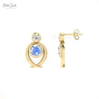Brilliant Cut 2 Stone Earrings In 14k Real Gold Moonstone And Diamond Handmade Studs