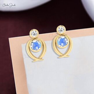 Brilliant Cut 2 Stone Earrings In 14k Real Gold Moonstone And Diamond Handmade Studs