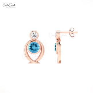 Round Cut Diamond Earrings With 5mm Swiss Blue Topaz 14k Real Gold 2 Stone Studs