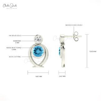 Round Cut Diamond Earrings With 5mm Swiss Blue Topaz 14k Real Gold 2 Stone Studs