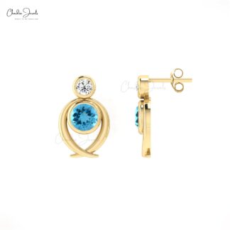 Round Cut Diamond Earrings With 5mm Swiss Blue Topaz 14k Real Gold 2 Stone Studs