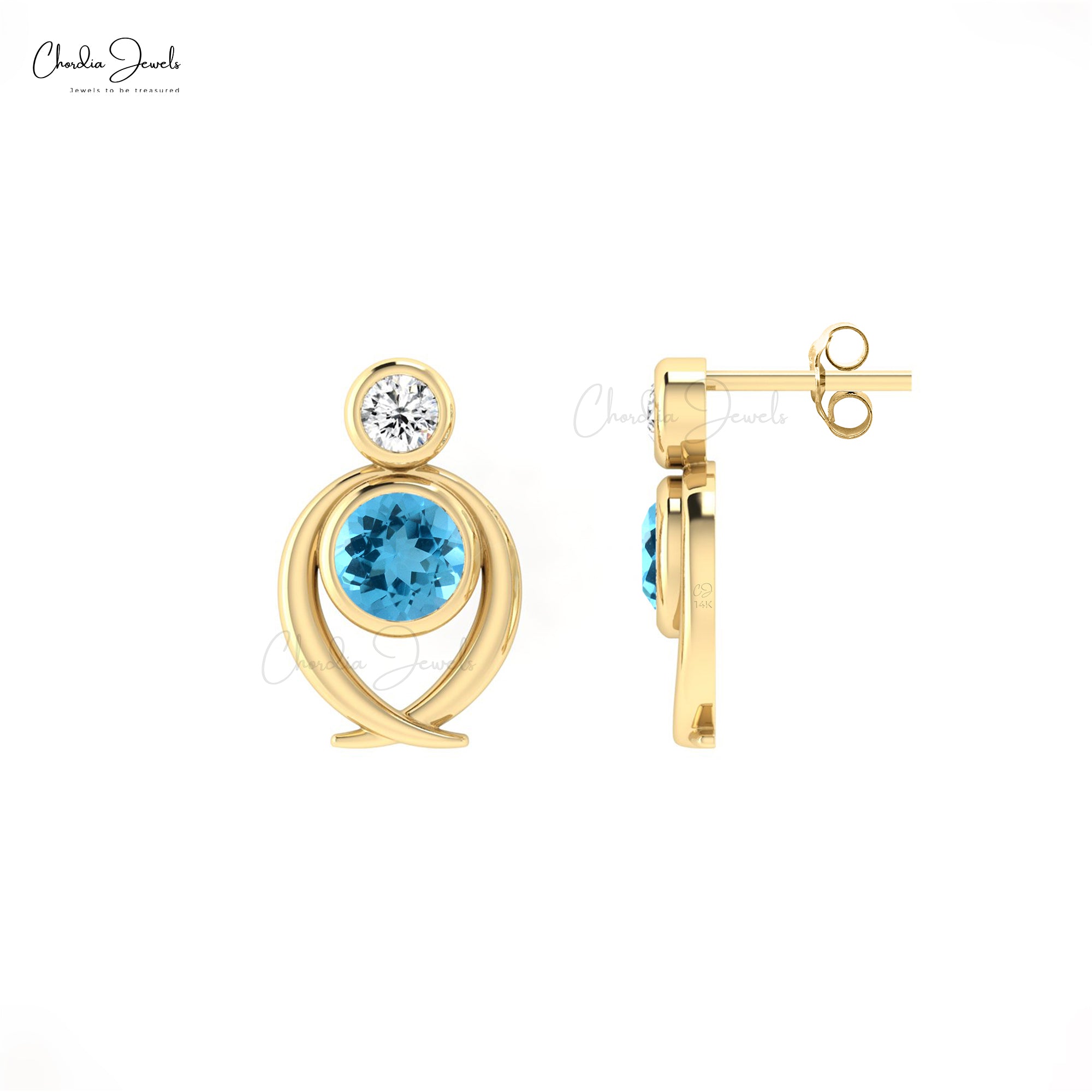 Round Cut Diamond Earrings With 5mm Swiss Blue Topaz 14k Real Gold 2 Stone Studs