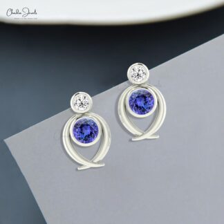 Natural Tanzanite & Diamond Earrings in 14k Solid Gold 2-Stone Stud Earrings Fine Jewelry