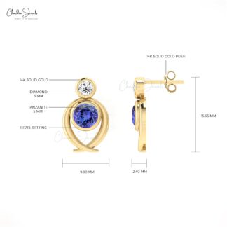 Natural Tanzanite & Diamond Earrings in 14k Solid Gold 2-Stone Stud Earrings Fine Jewelry