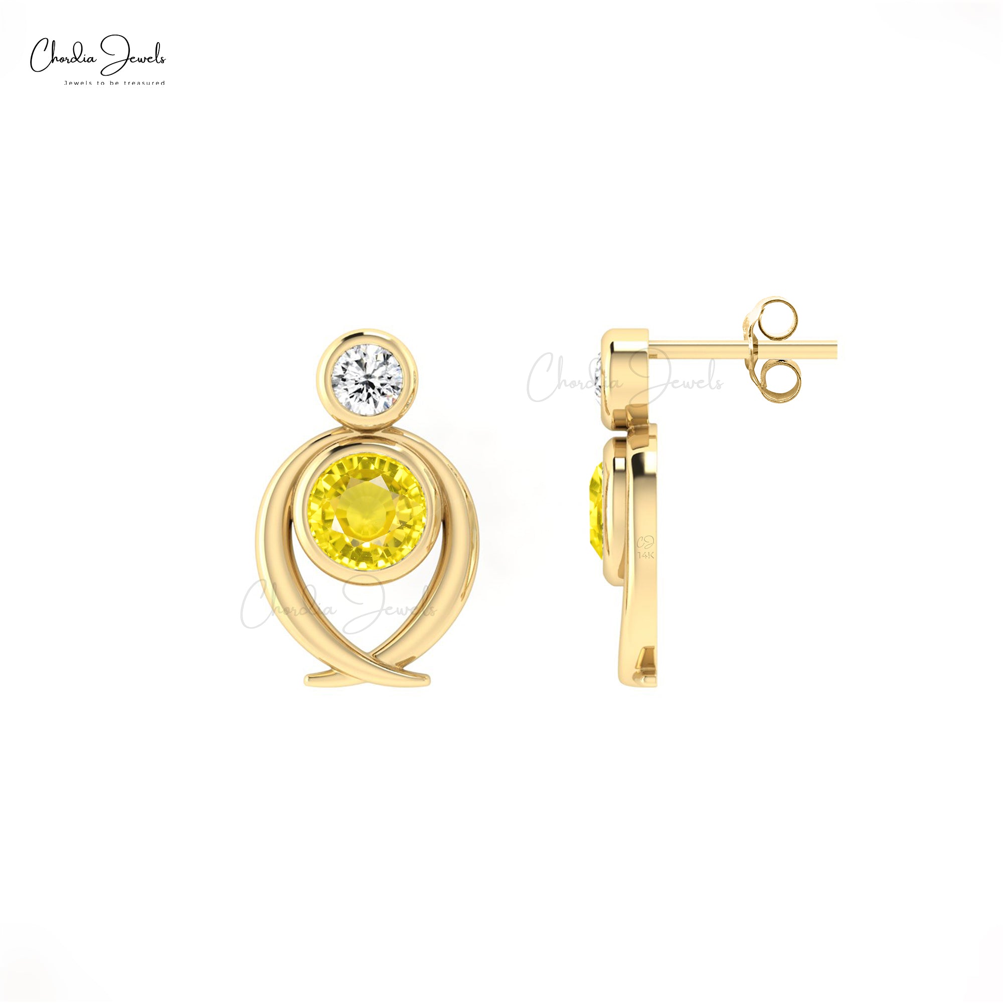 Two Stone Round Earrings With 0.94 Ct Yellow Sapphire G-H Diamond Minimal Studs For Her