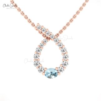 AAA Aquamarine Twisted Pendant With 4x3mm Gemstone And Diamond 14k Gold Bridal Necklace