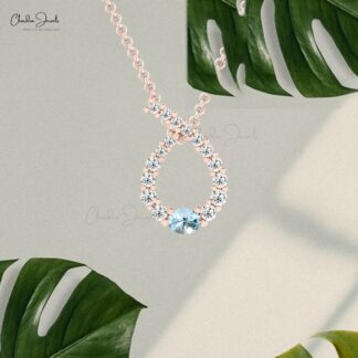 AAA Aquamarine Twisted Pendant With 4x3mm Gemstone And Diamond 14k Gold Bridal Necklace