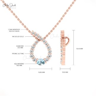 AAA Aquamarine Twisted Pendant With 4x3mm Gemstone And Diamond 14k Gold Bridal Necklace