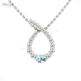AAA Aquamarine Twisted Pendant With 4x3mm Gemstone And Diamond 14k Gold Bridal Necklace