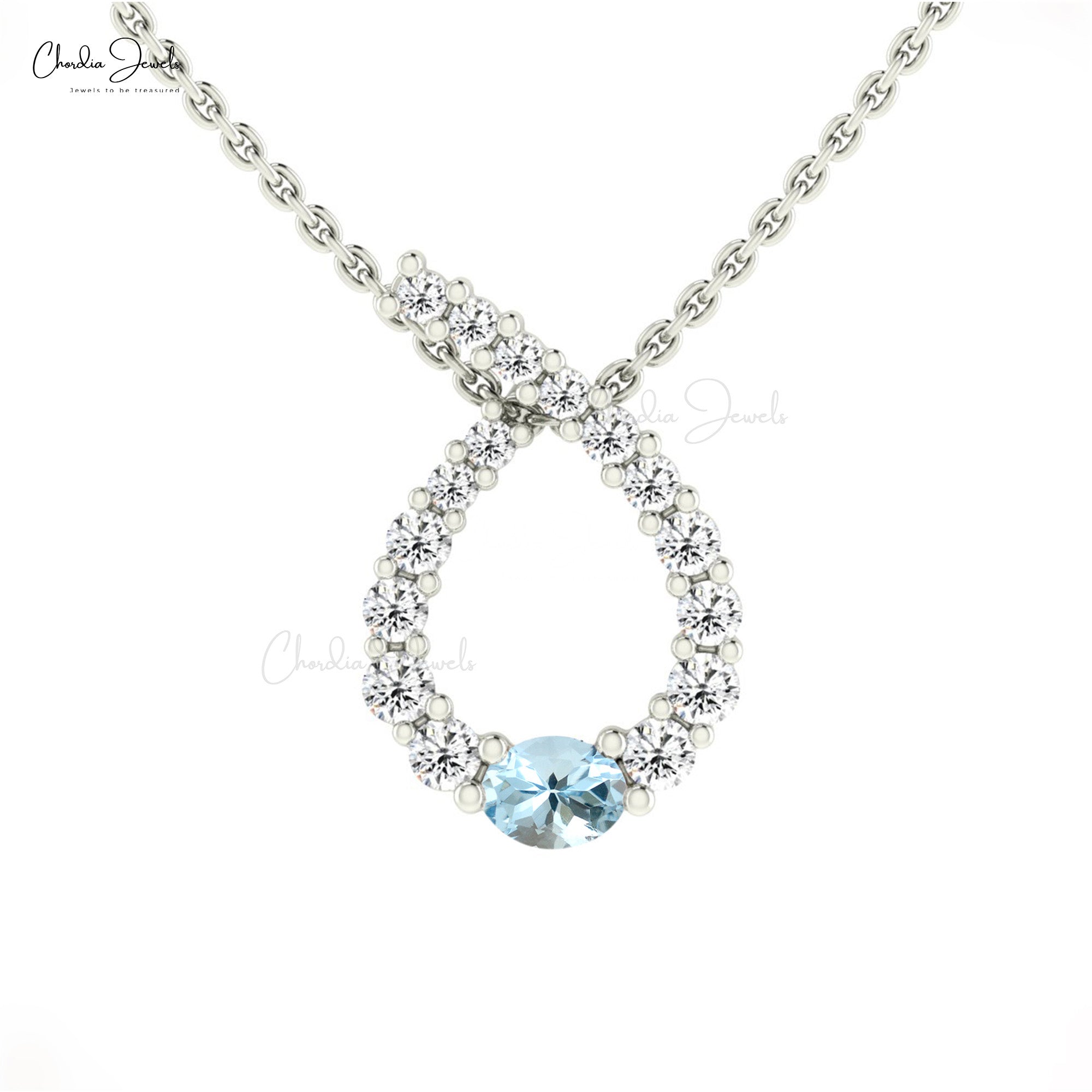 AAA Aquamarine Twisted Pendant With 4x3mm Gemstone And Diamond 14k Gold Bridal Necklace