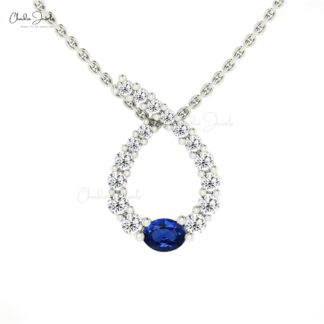 Twisted 4x3mm Blue Sapphire And 14k Solid Gold Diamond Curved Pendant For Wife