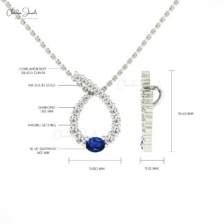 Twisted 4x3mm Blue Sapphire And 14k Solid Gold Diamond Curved Pendant For Wife