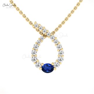 Twisted 4x3mm Blue Sapphire And 14k Solid Gold Diamond Curved Pendant For Wife