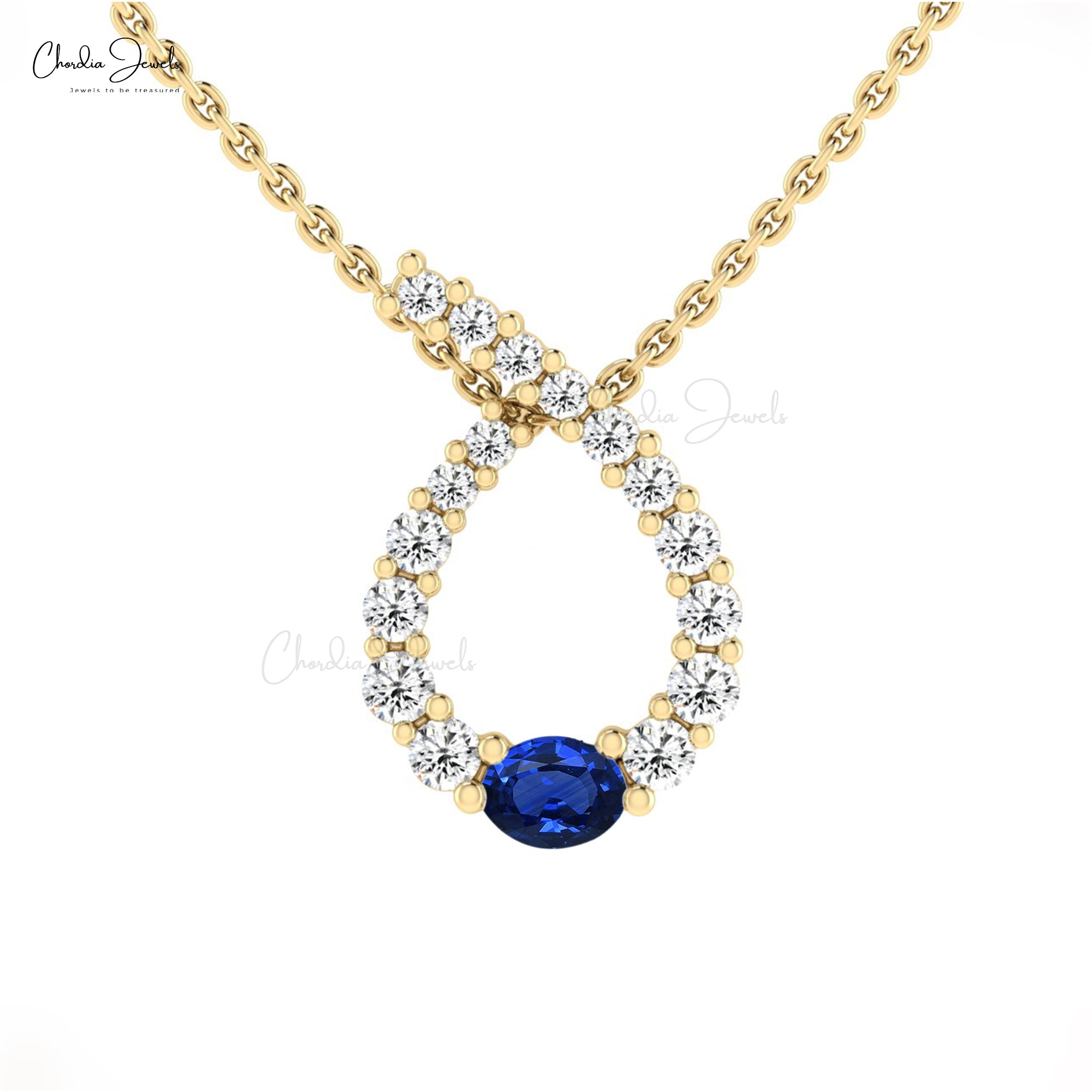 Twisted 4x3mm Blue Sapphire And 14k Solid Gold Diamond Curved Pendant For Wife
