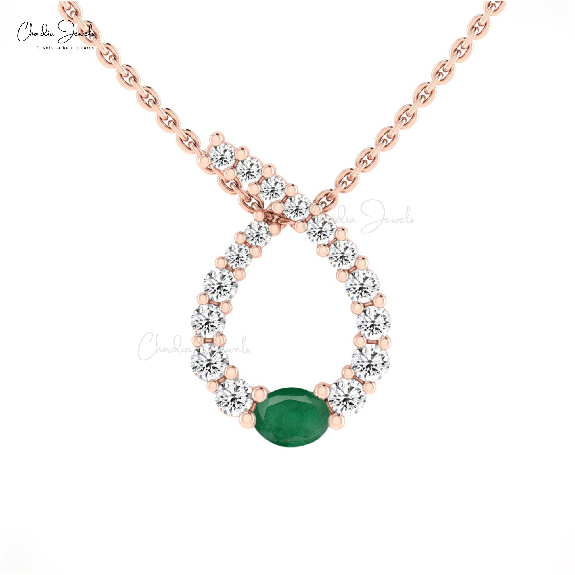 Oval Twisted Wedding Pendant With 4x3mm Emerald And Diamond Necklace In 14k Solid Gold