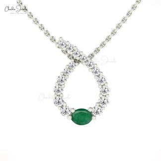 Oval Twisted Wedding Pendant With 4x3mm Emerald And Diamond Necklace In 14k Solid Gold