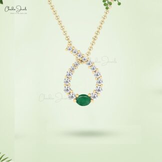 Oval Twisted Wedding Pendant With 4x3mm Emerald And Diamond Necklace In 14k Solid Gold