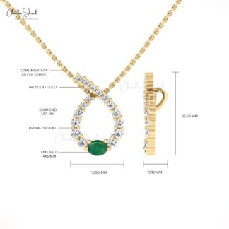 Oval Twisted Wedding Pendant With 4x3mm Emerald And Diamond Necklace In 14k Solid Gold