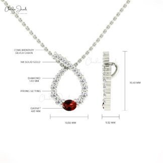 Gemstone Curved Pendant In 14k Real Gold Red Garnet 0.19 Ct Oval Cut And Diamond Jewelry