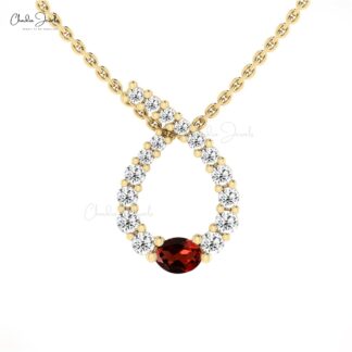 Gemstone Curved Pendant In 14k Real Gold Red Garnet 0.19 Ct Oval Cut And Diamond Jewelry