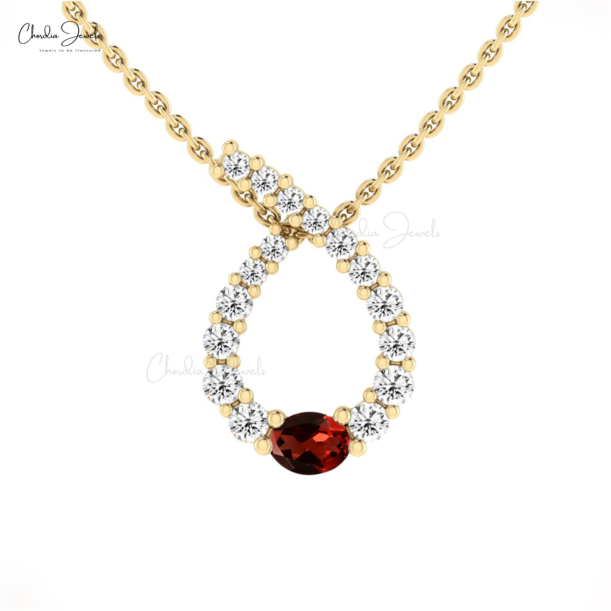 Gemstone Curved Pendant In 14k Real Gold Red Garnet 0.19 Ct Oval Cut And Diamond Jewelry
