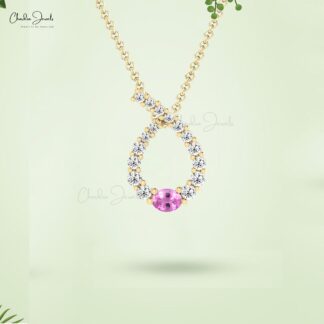 Diamond Curved Pendant With 4x3mm Pink Sapphire Handmade Necklace In 14k Solid Gold