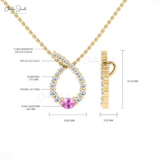 Diamond Curved Pendant With 4x3mm Pink Sapphire Handmade Necklace In 14k Solid Gold