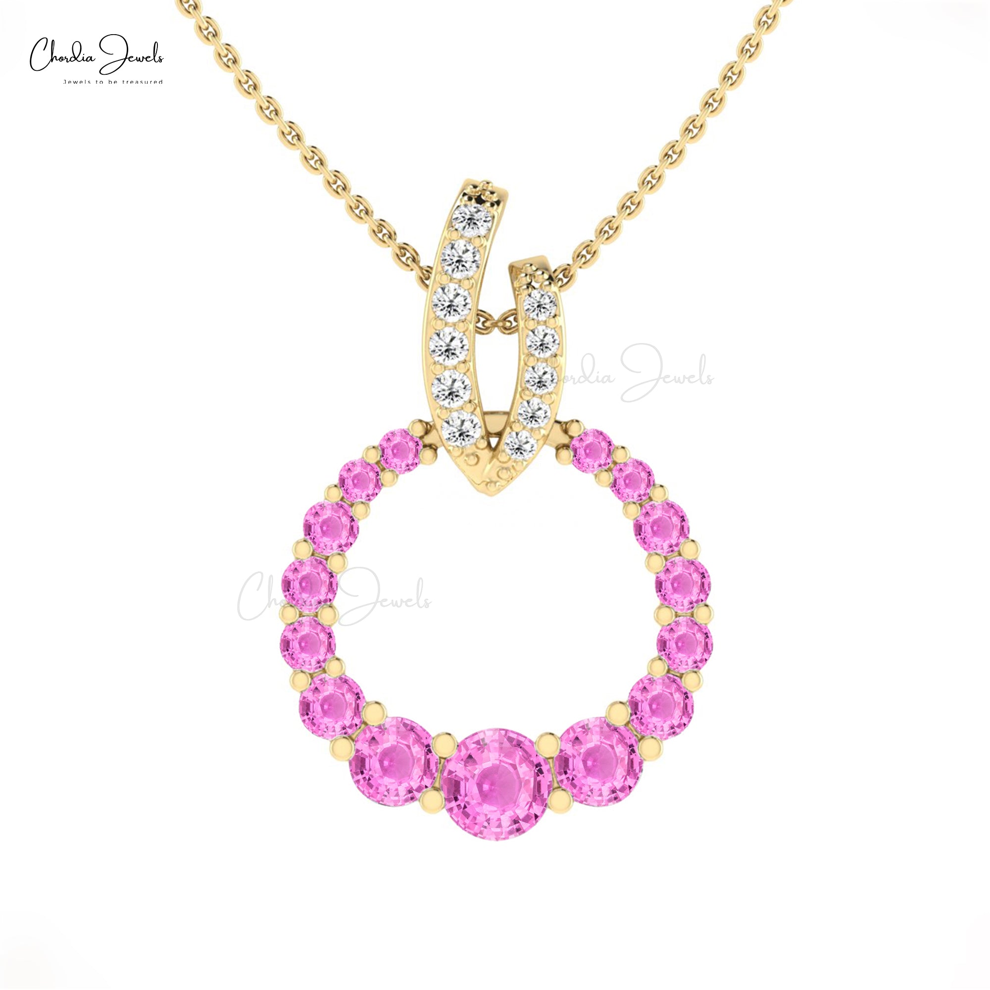 Solid 14k Gold Circle Pendant With 1.67 Ct Pink Sapphire Diamond Wedding Necklace
