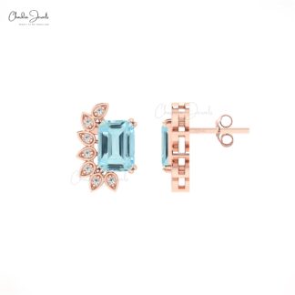 Dual Birthstone Unique Earring With 2 Ct Aquamarine And Diamond Statement Studs For Mom
