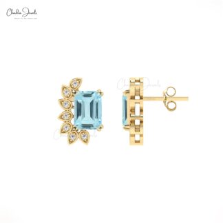 Dual Birthstone Unique Earring With 2 Ct Aquamarine And Diamond Statement Studs For Mom