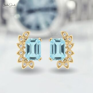 Dual Birthstone Unique Earring With 2 Ct Aquamarine And Diamond Statement Studs For Mom