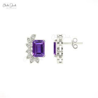 Natural Amethyst Statement Stud In Real 14k Gold Gemstone 7x5mm And Diamond Earrings
