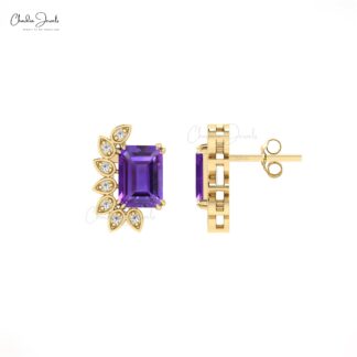 Natural Amethyst Statement Stud In Real 14k Gold Gemstone 7x5mm And Diamond Earrings