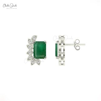Natural Emerald & Diamond Stud Earrings In 14K Solid Gold