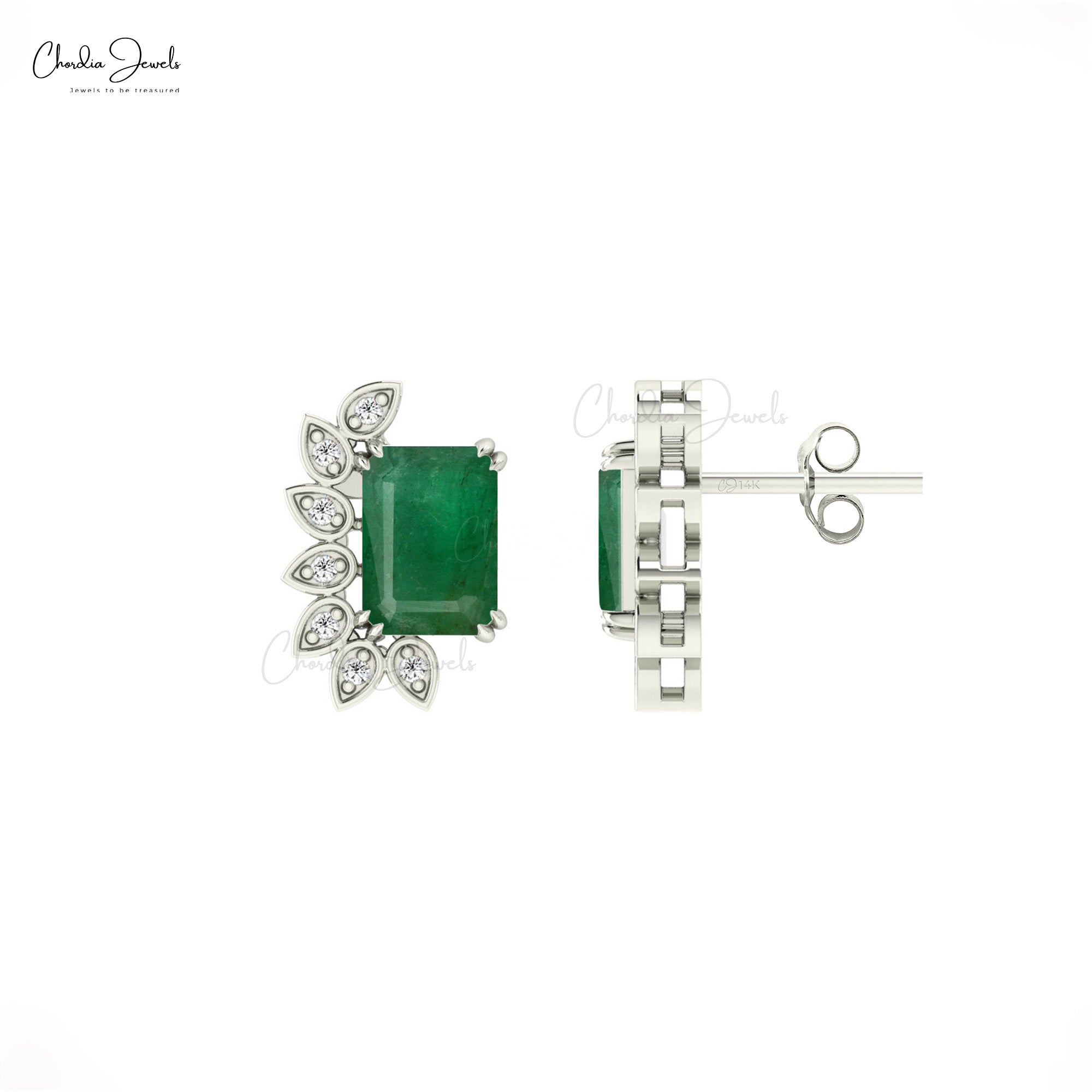 Natural Emerald & Diamond Stud Earrings In 14K Solid Gold