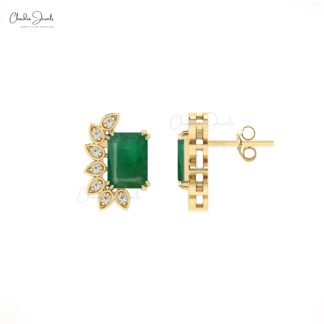 Natural Emerald & Diamond Stud Earrings In 14K Solid Gold