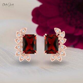 Natural Garnet 7x5mm Emerald Cut Earrings 14k Real Gold Diamond Statement Studs